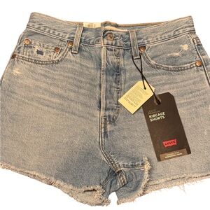 Levi's Women's Ribcage Shorts Light Blue Ripped Denim